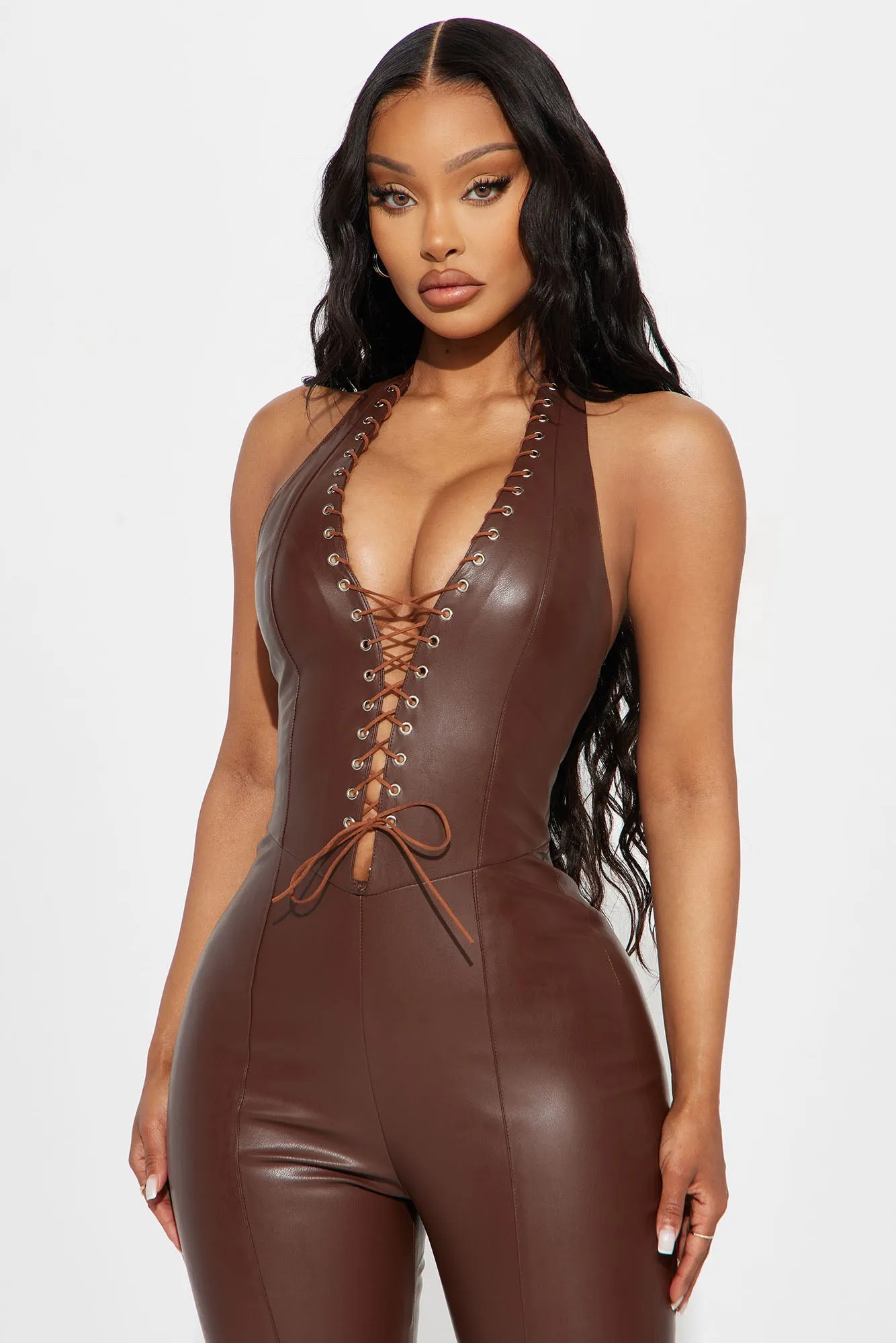 Austin Faux Leather Jumpsuit - Brown