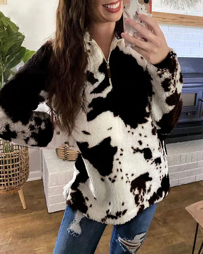 elveswallet Cow print polar fleece zipper sweatshirt