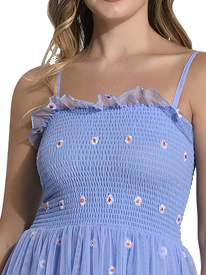 FIMS Fashion Women Embellished Net Floral Midi Fit & Flare Dress Blue