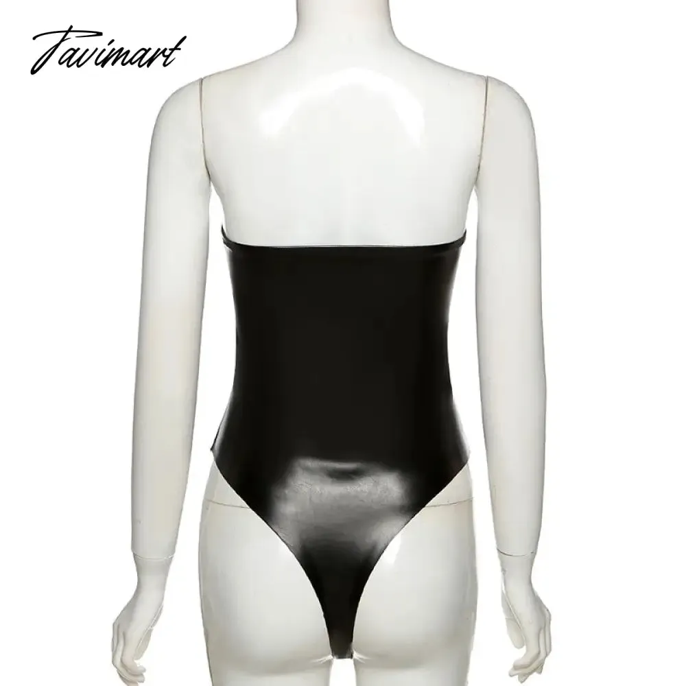 Tavimart Streetwear Faux PU Leather Bodysuit Women Sexy Strapless Off Shoulder Body Overalls One Piece Rompers Bandages Skinny JumpSuit